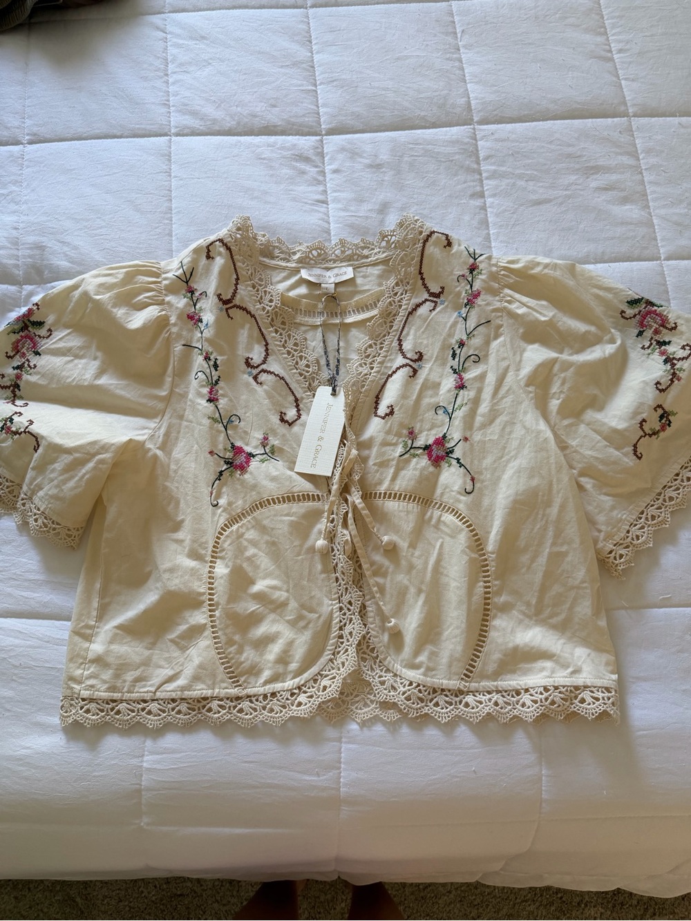 NWT Cream Embroidered Lace Tie Front Top